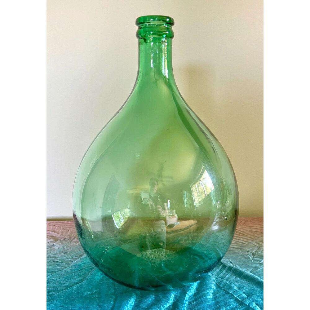 Antique French Green Large Demijohn Bottle Hand Blown Glass Wine Jug Rustic VTG